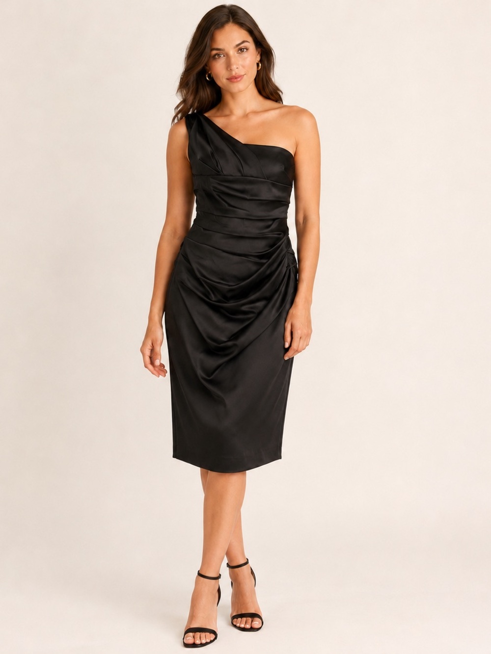 Suzi Chin for Maggy Boutique Black One-Shoulder Satin Cocktail Dress